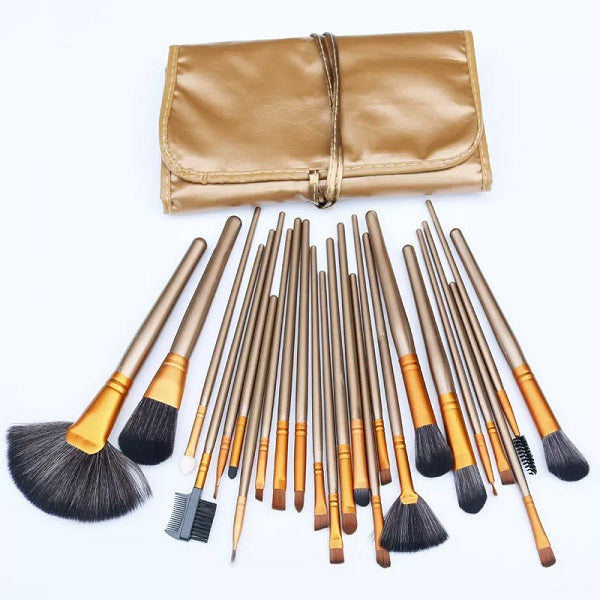 Makeup brush kit with super soft hair brushes - 24pcs plus bag a brown-gold bag