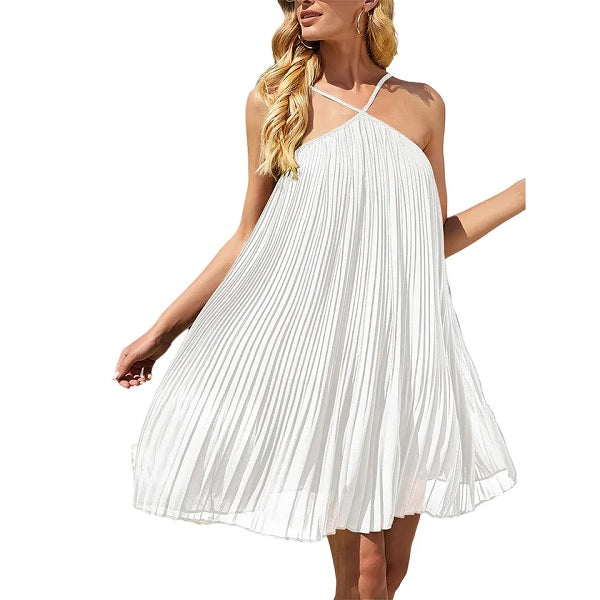 Ladies Short Dress in Chiffon Knife Pleated in White