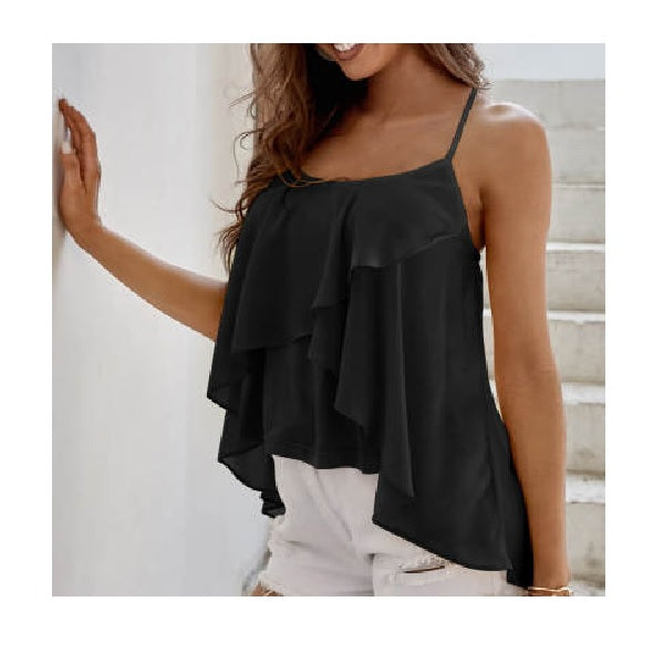 Camisole vest with spaghetti strap and chiffon overlay in black