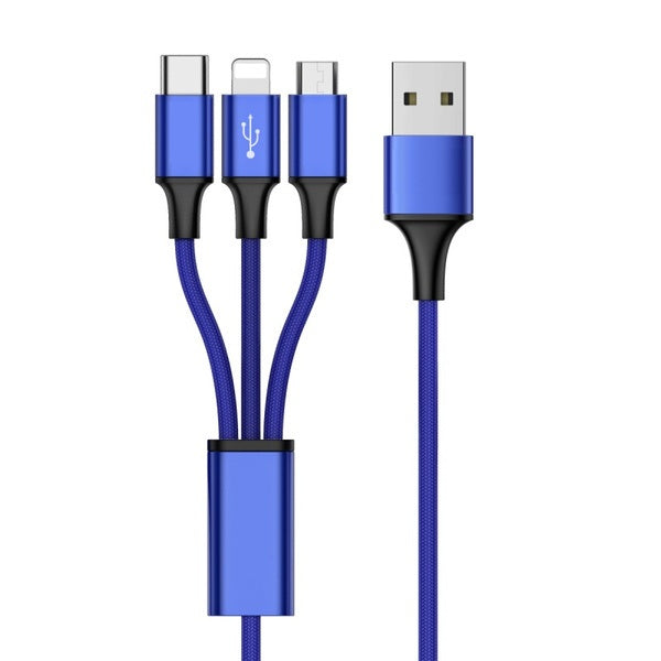 Charging cable for mobile phone fast charge - Nylon Braided 3 in 1 - Blue