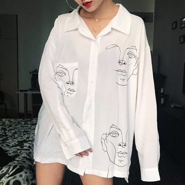 Ladies Shirt - Picasso Doodle Style Line Drawing Faces in White